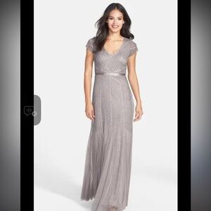 Adrianna Papell Silver Embellished Cap Sleeve Gown